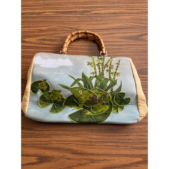 Handbags - Frog beaded bamboo look handled tote bag